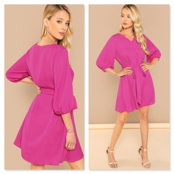 Rouge! Dresses & Skirts - Lantern Sleeve Tie Belted Fuchsia Hot Pink Dress